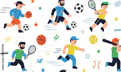 Kids Playing Sports Seamless Pattern Vector Children Activities Soccer Basketball Tennis Baseball Cartoon Character Background Repeating Pattern Illustration