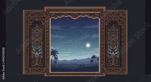 Mystical Arabian Nights Desert Landscape with Palm Trees Under a Full Moon and Starry Sky
