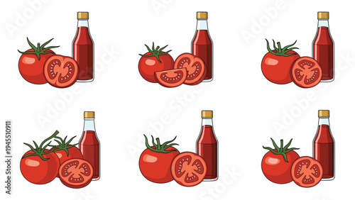 Fresh tomatoes and red ketchup bottles in various arrangements ideal for food packaging and condiment marketing graphics.