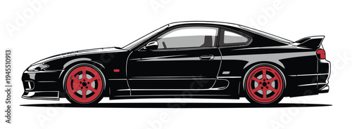 Sporty black car with red wheels on a white background  design