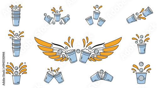 Beer pong game icons collection featuring blue plastic cups ping pong balls and splashes for party and student life themes.