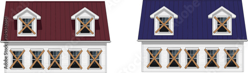 Set of Two Vector Illustrations of Abandoned or Boarded Up Houses with Wooden Planks Over Windows and Colorful Red and Blue Roofs on White Background.