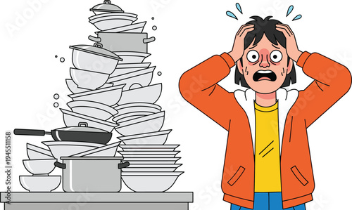Stressed Person With Pile of Dirty Dishes Feeling Overwhelmed by Housework and Kitchen Chores Illustration,