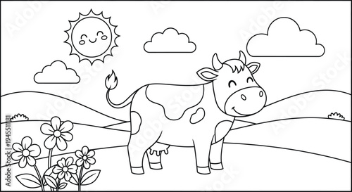 Colour book cow in a sunny field colouring page for kids