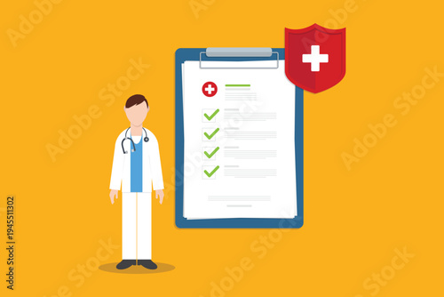 Health Insurance Medical Checklist with Doctor and Protection Shield – Healthcare Policy Coverage, Hospital Safety, Patient Medical Form Concept Flat Vector Illustration