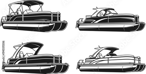Pontoon boat silhouettes collection featuring modern leisure motorboats with canopy seating design, marine vector illustration set isolated on white background
