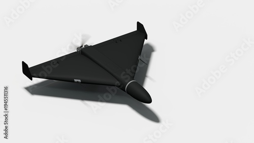 Military Drone with Delta Wing Design on Black Background - 3D rendering on light gray background