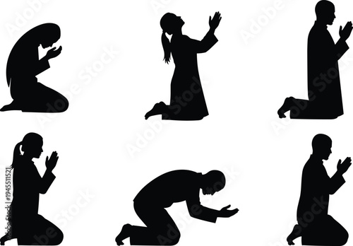 Praying people silhouettes collection featuring kneeling worship poses of men and women, spiritual faith and religious devotion vector illustration set isolated on white background