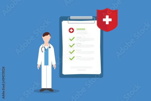 Health Insurance Medical Checklist with Doctor and Protection Shield – Healthcare Policy Coverage, Hospital Safety, Patient Medical Form Concept Flat Vector Illustration