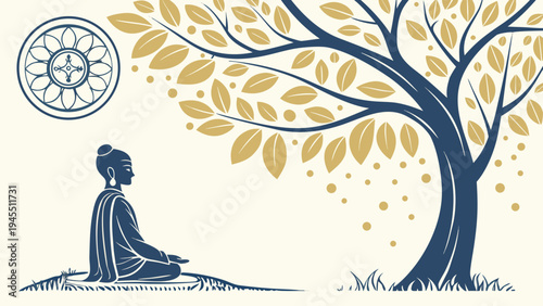 Mahavir jayanti concept with meditating figure under sacred tree symbolizing peace, enlightenment, spirituality and celebration of jain festival honoring mahavira