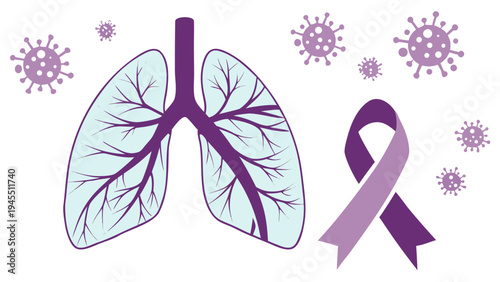 World sarcoidosis day concept with lungs and purple awareness ribbon symbolizing respiratory health, rare disease awareness, support and medical research for sarcoidosis