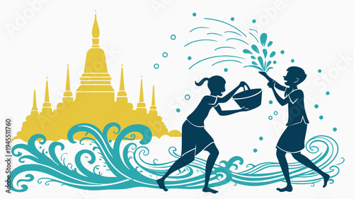 Songkran thai new year festival concept with people splashing water, waves and temple symbolizing thailand culture, celebration, tradition and joyful water festival
