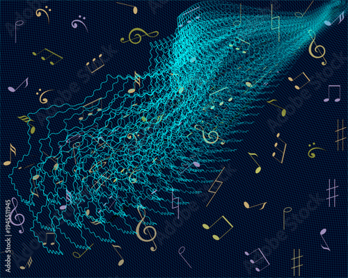 Abstract illustration of musical notes symbolizing broadcasting and sound transmission captured in a digital web network. Conceptual metaphor of internet censorship, media control, restricted broadcas