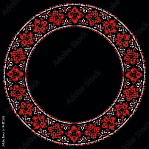 Round  frame made of traditional Ukrainian embroidery pattern with black and red cross stitch ornament on white background. Folk ethnic design inspiblack by vyshyvanka, perfect for borders