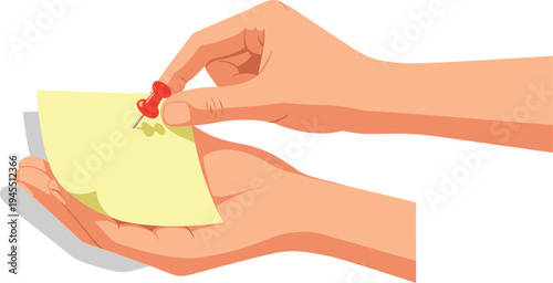 Person hands holding sticky note with pushpin attached closely