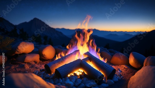 Illuminated Campfire With Color Shifted Flames At Night Surrounded By Rocks And Distant Mountains