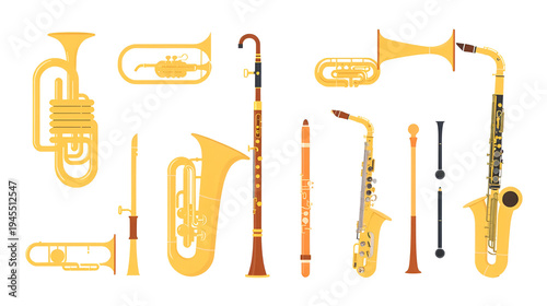 Vector art of collection of various brass and woodwind musical instruments including trumpets, tubas, clarinets, and saxophones, presented as simple icons on a plain background