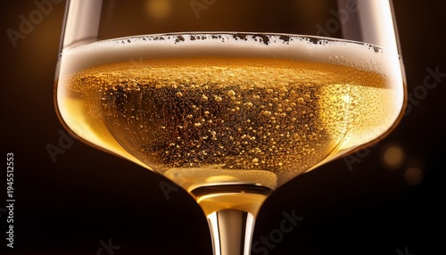 Close Up Of A Champagne Coupe Glass Filled With Bubbly Golden Liquid And A Gold Rim