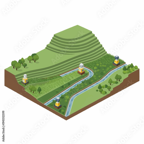 Isometric View of a Mountainous Landscape with Terraced Fields and River.