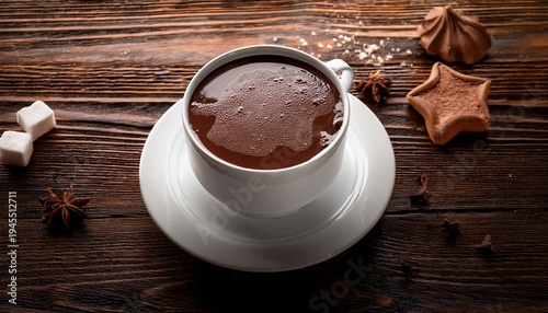 Hot Chocolate In The Cup On The Wooden Table