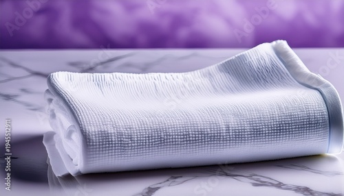 Pristine Neatly Folded White Cotton Washcloth With A Subtle Textured Weave Presented In A Minimalist Still Life Arrangement Against A Soft Lavender Backdrop With Blurred Marble Surface Intended For