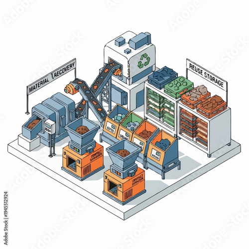Isometric view of a recycling plant with material recovery and reuse storage.