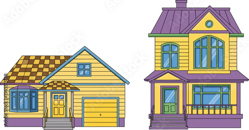 Colorful cartoon house vector set featuring a cozy suburban yellow bungalow with garage and a two-story purple roofed home isolated on white for real estate.