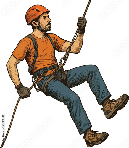 Adventurous Male Rock Climber In Safety Gear Rappelling With Rope transparent