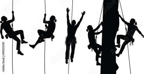Rock climbing silhouettes collection featuring climbers ascending rope and wall, extreme sport adventure action vector illustration set for outdoor activity isolated on white background