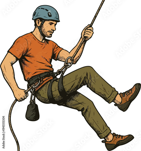 Adventurous Male Rock Climber In Safety Gear Rappelling With Rope transparent