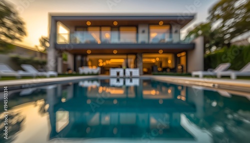 Blurred Contemporary Luxury Home Pool Reflection Golden Hour Warm Bokeh Background. Modern blurred background photo for banner, poster or magazine and website background.