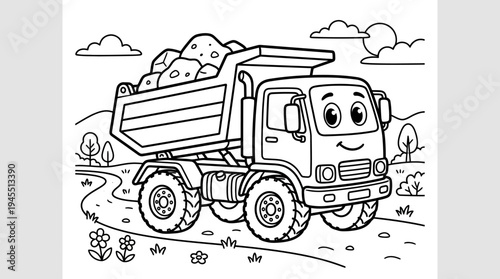 Smiling cartoon dump truck vehicle.