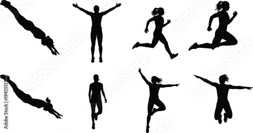 Running and jumping athlete silhouettes collection featuring active people sprinting, celebrating and leaping, dynamic sport action vector illustration set isolated on white background