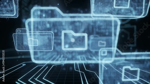 Dynamic digital landscape with sparkling floating data folders rearranging in futuristic technology scene