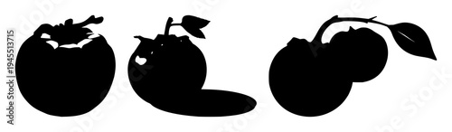 Persimmon set with solid black silhouette of a whole persimmon fruit with a small stem featuring botanical, seasonal, solid fill with white background and vector