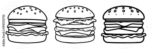 Protein-based meat alternative burger icon set with flat vector design on white background featuring bold borders, sustainable food theme, vegan steak with plant protein and clean lines