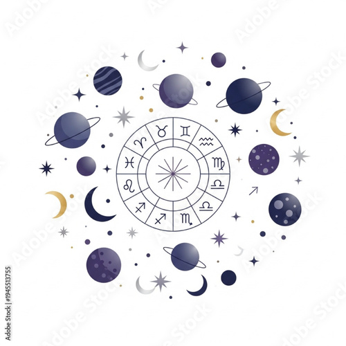Zodiac Wheel Vector Illustration, Cosmic Astrology Symbols with Planets and Stars, Minimalist Flat Design