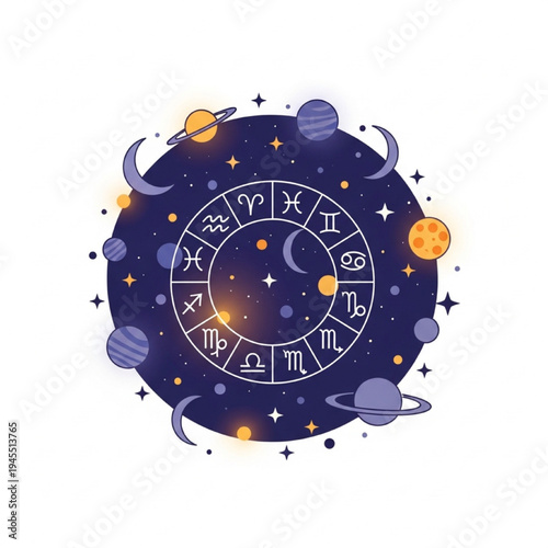 Zodiac Wheel Vector Illustration, Cosmic Astrology Symbols with Planets and Stars, Minimalist Flat Design