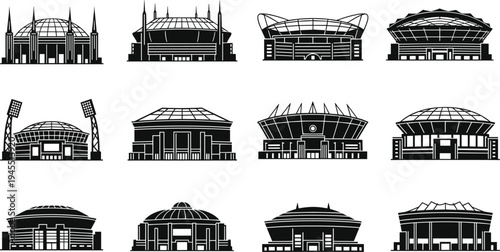 Sports stadium silhouettes collection featuring modern arena architecture and football stadium buildings, detailed vector illustration set isolated on white background