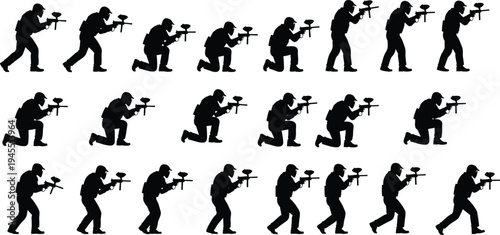 Paintball player silhouettes set showing athletes aiming and shooting marker gun isolated black vector illustration collection for action sport design