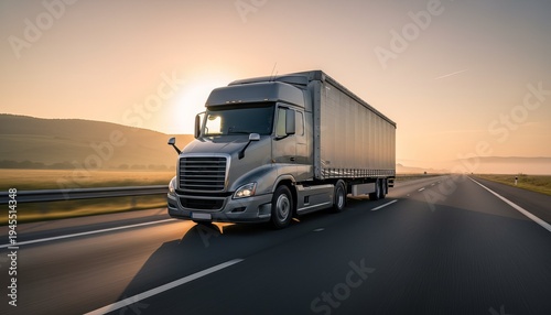 Modern semi truck with curtain side trailer driving on highway at sunrise, road stretching into distance, warm golden hour light. AI generative