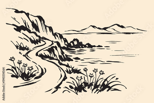Coastal cliff road ink sketch vector illustration