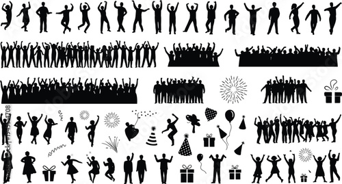 Large collection of celebration silhouettes featuring dancing people, cheering crowds, party icons, fireworks, balloons, and festive elements for holiday design projects