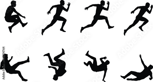 Man Running Jumping and Falling Silhouette Set, Athlete Action Poses for Sports Vector Illustration
