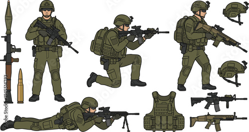 Modern Military Infantry Set with Tactical Gear, Weapons, Helmet Icons, and Soldier Action Poses