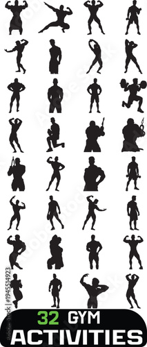 Gym activities silhouettes set gym workout active lifestyle fitness bodybuilders training sports people
