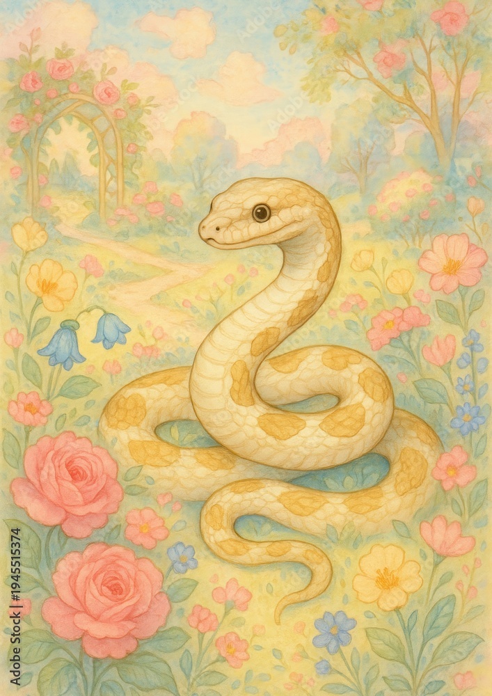 Obraz premium Serene snake in floral garden