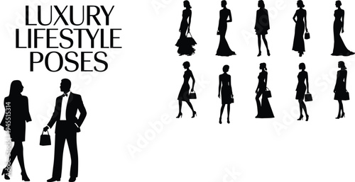 Luxury lifestyle silhouette poses featuring elegant men and women, fashion glamour standing figures, high-end style collection for design and branding