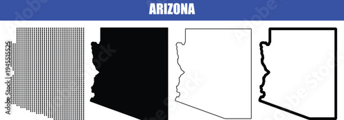 Arizona map collection including black silhouette outline contour and halftone dot patterns on transparent background for us state