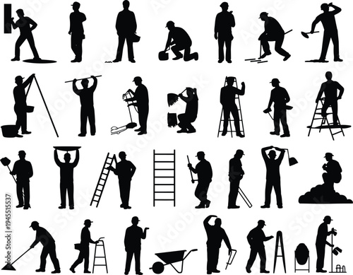 Construction worker silhouettes, laborer tool actions, building site tasks collection, industrial job poses, handyman equipment illustration set, work activity scenes